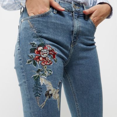 Blue wash embroidered Lori high waisted jeans